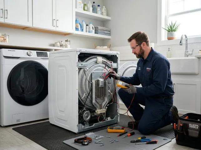 Appliance Repair Hero technician checking a dryer heating element with the rear panel off in Allenhurst, NJ