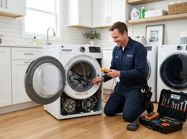 Appliance Repair Hero technician testing a front-load washer with a multimeter on a Allenhurst, NJ service call